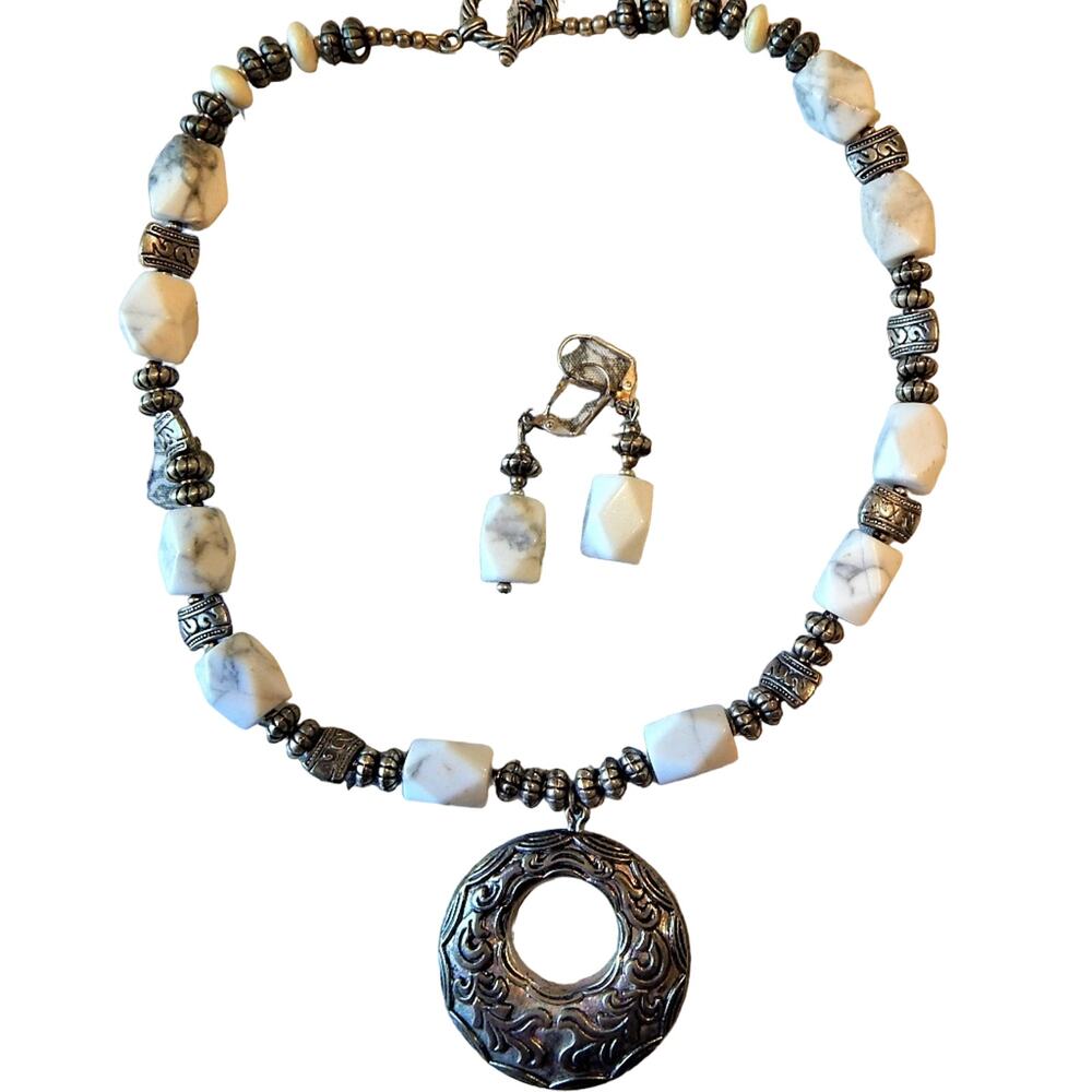 Classy BoHo White Buffalo Silver Bead Necklace Set